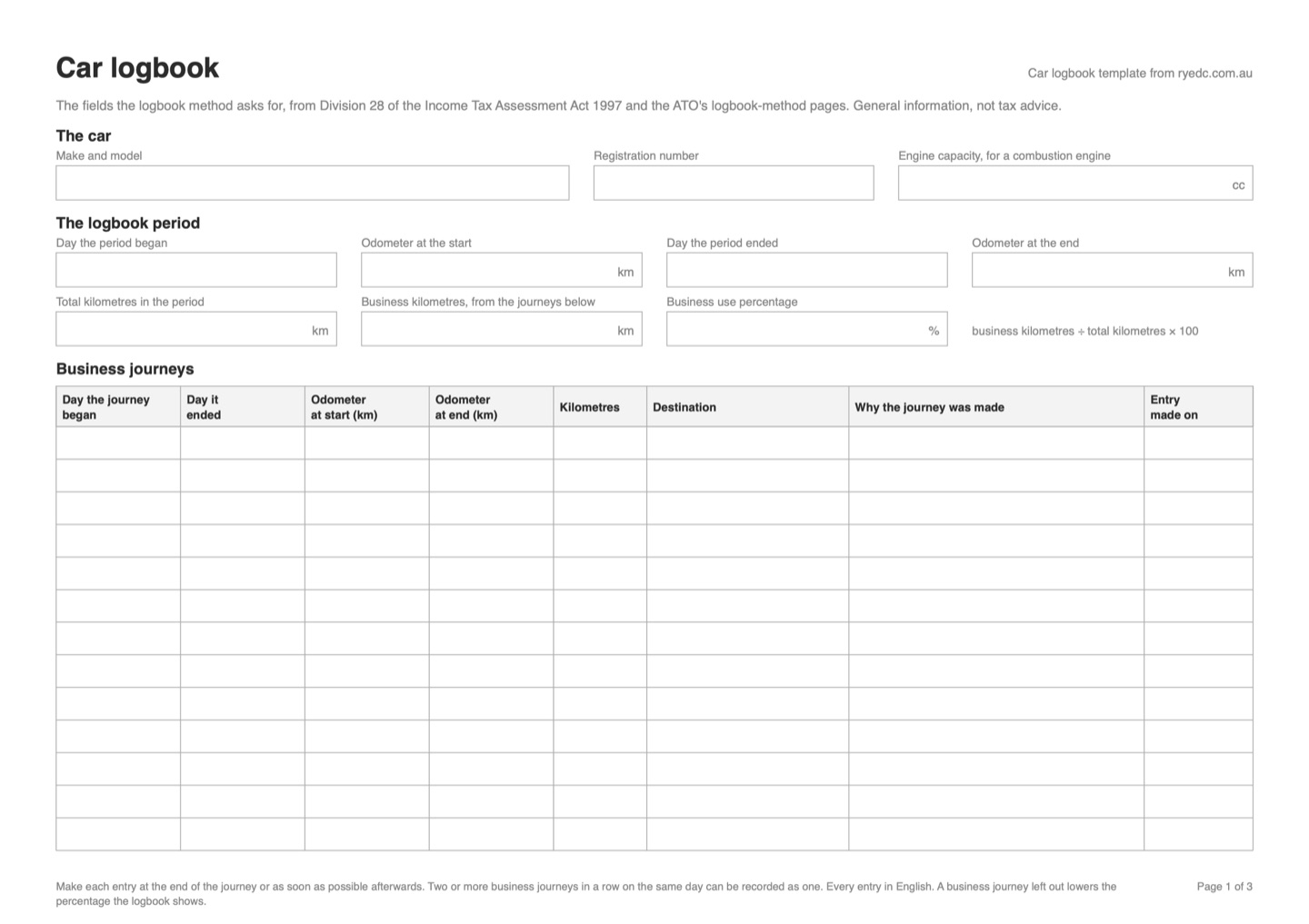 The first page of the RyeDC car logbook template: the car's details, the logbook period with its odometer readings and totals, and a blank table of business journeys