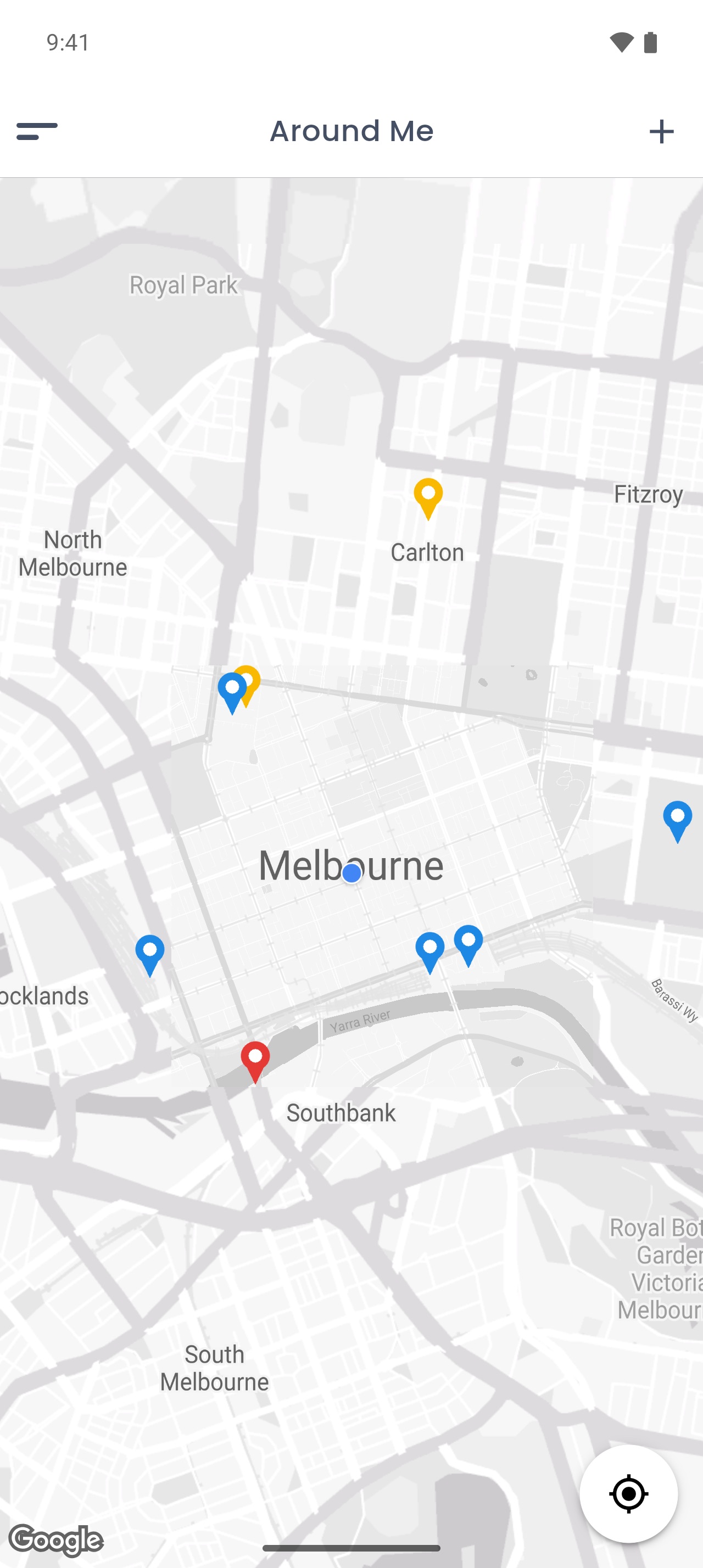 Around Me in RyeDC: a map of Melbourne with pins for toilets, street food and surge spots