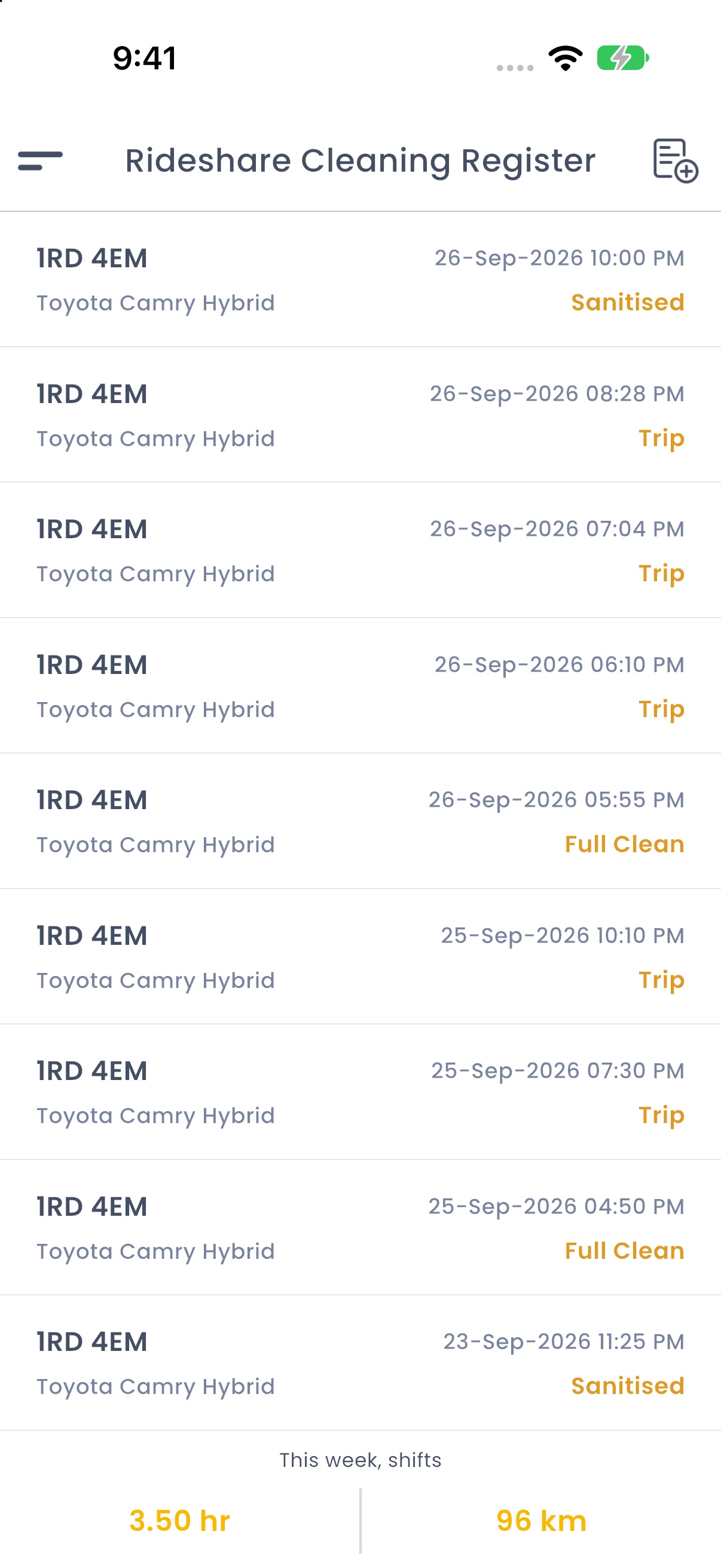 The Cleaning Register in RyeDC: a list of time-stamped Full Clean and Sanitised entries