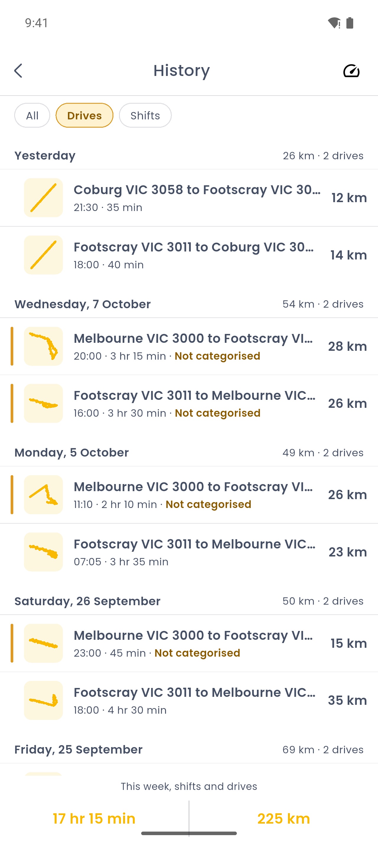 History in RyeDC, filtered to drives, with the ones to check marked Not categorised