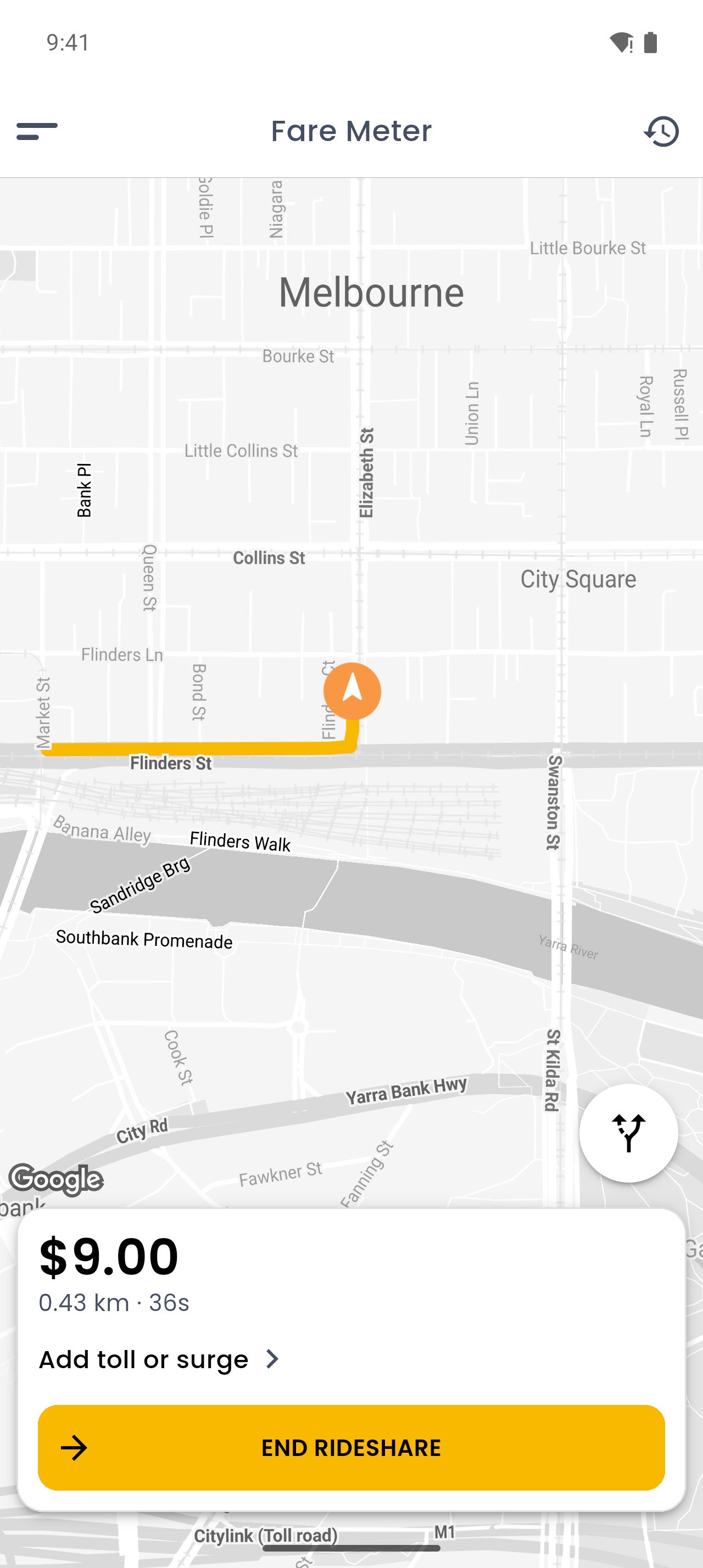 Fare Meter in RyeDC during a trip: the route on a map, with the fare, the distance and the time on a card below it