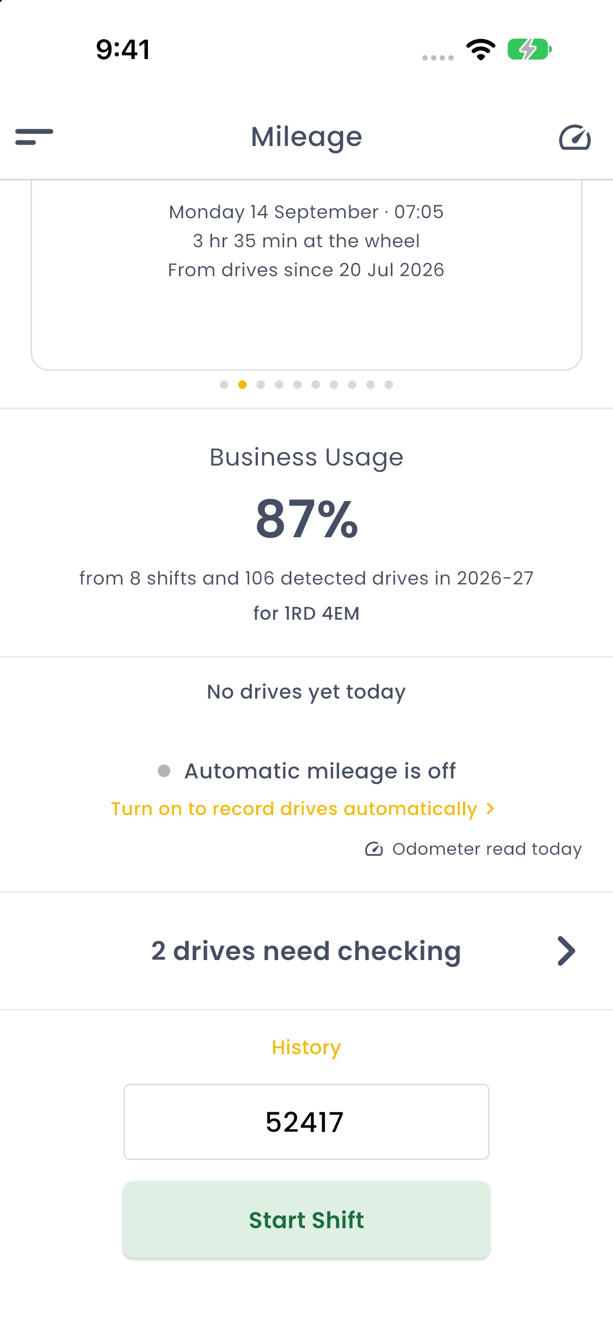 The Mileage screen in RyeDC with automatic mileage off: business use so far, and the dash reading ready for Start Shift
