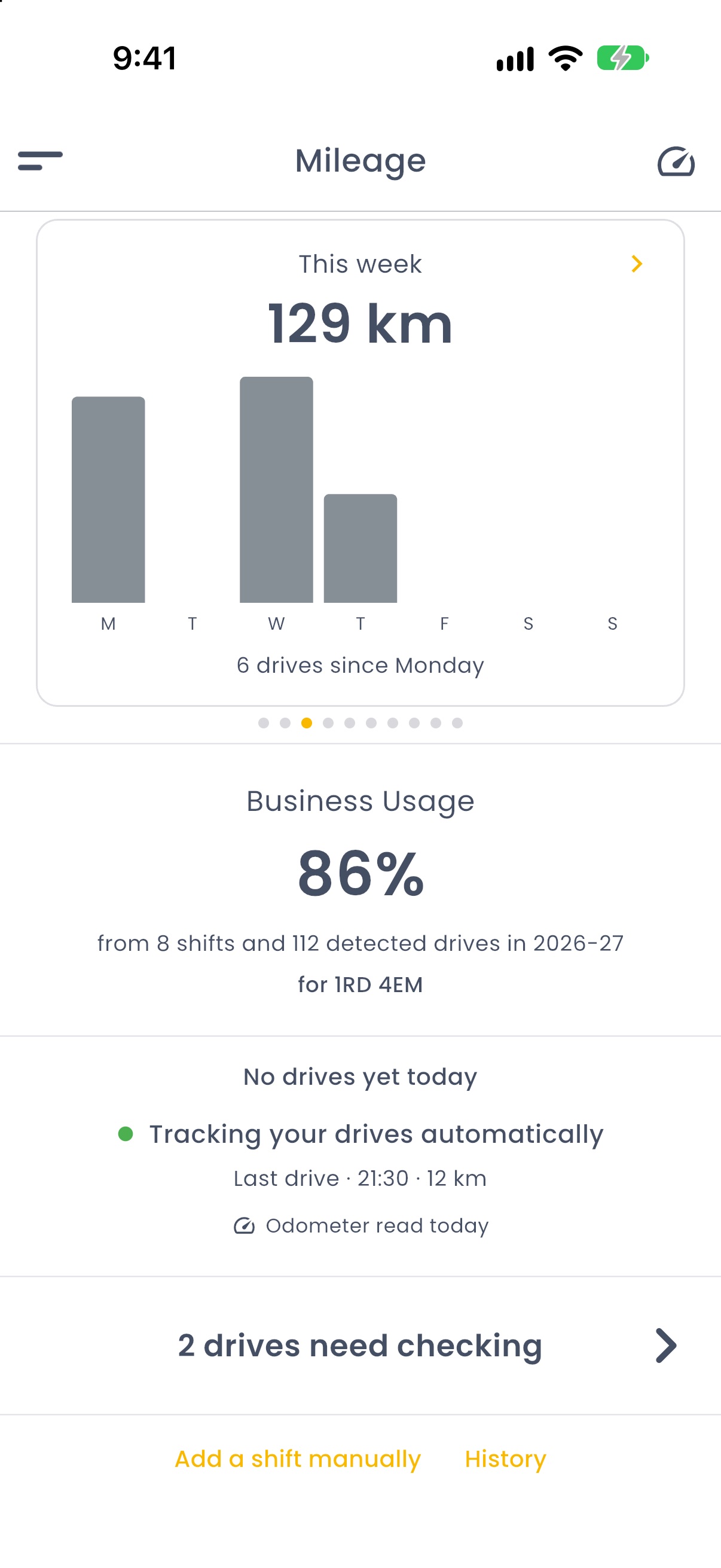 The Mileage screen in RyeDC: this year's business-use percentage, the highlights deck and the week's driving