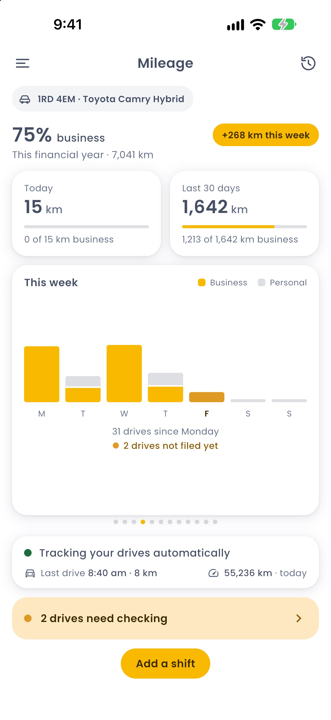 The Mileage screen in RyeDC: this year's business-use percentage, the highlights deck and the week's driving