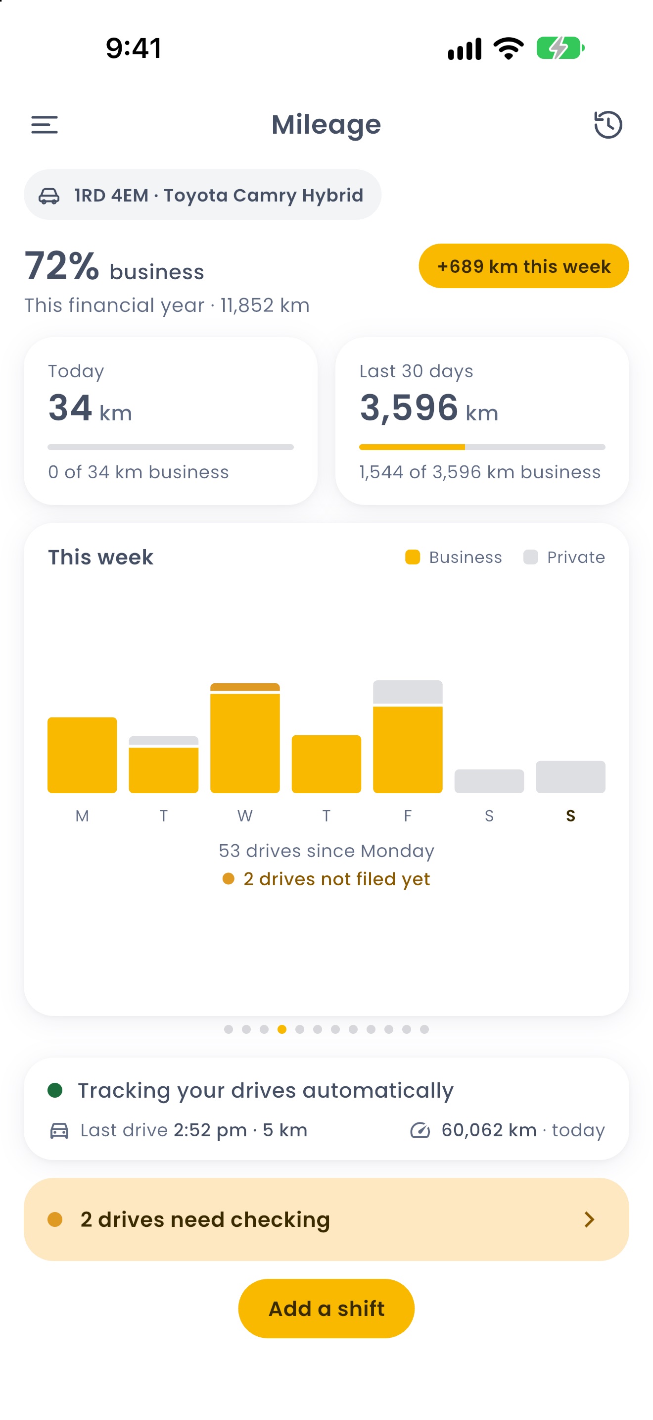 The Mileage screen in RyeDC: this year's business-use percentage, the highlights deck and the week's driving