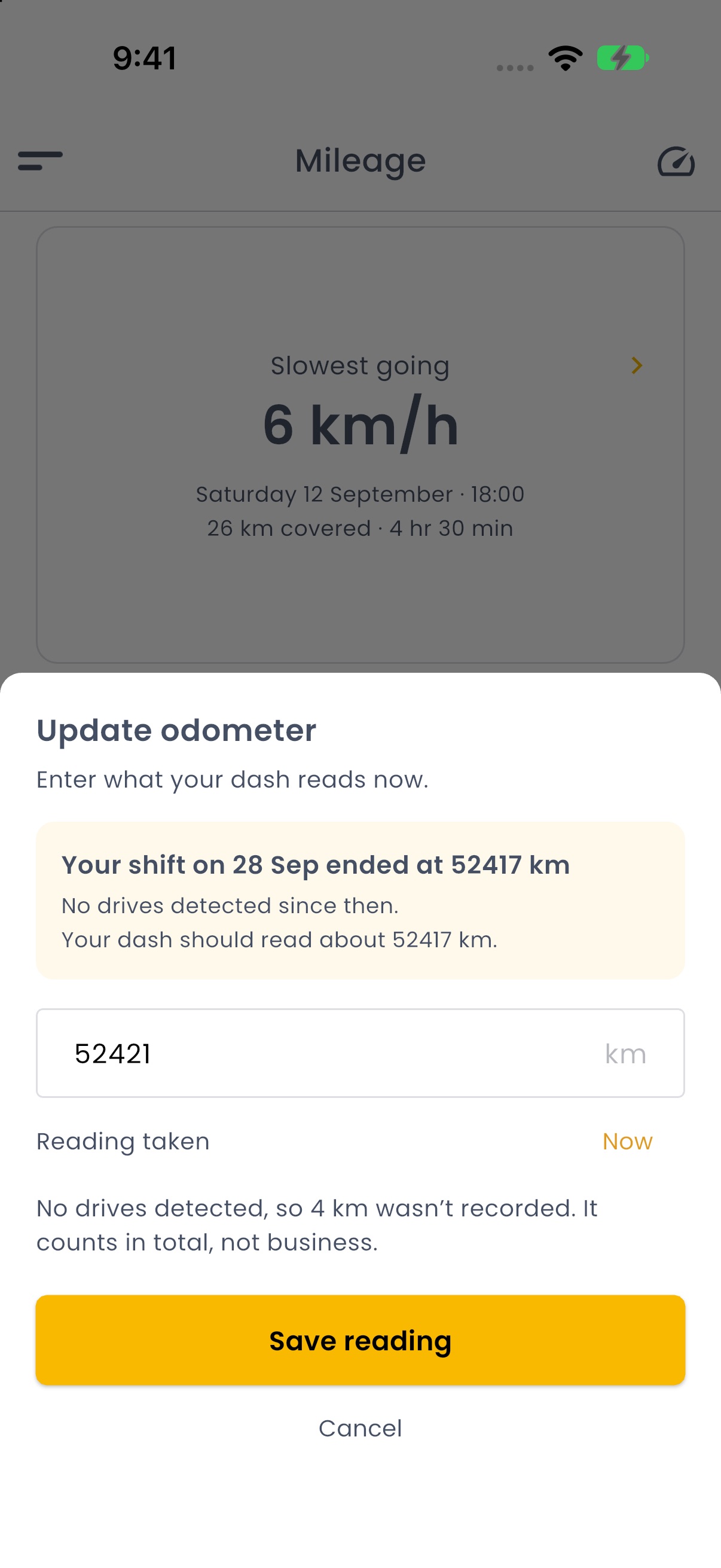 Update odometer in RyeDC: a dash reading typed in and checked against where the last shift ended