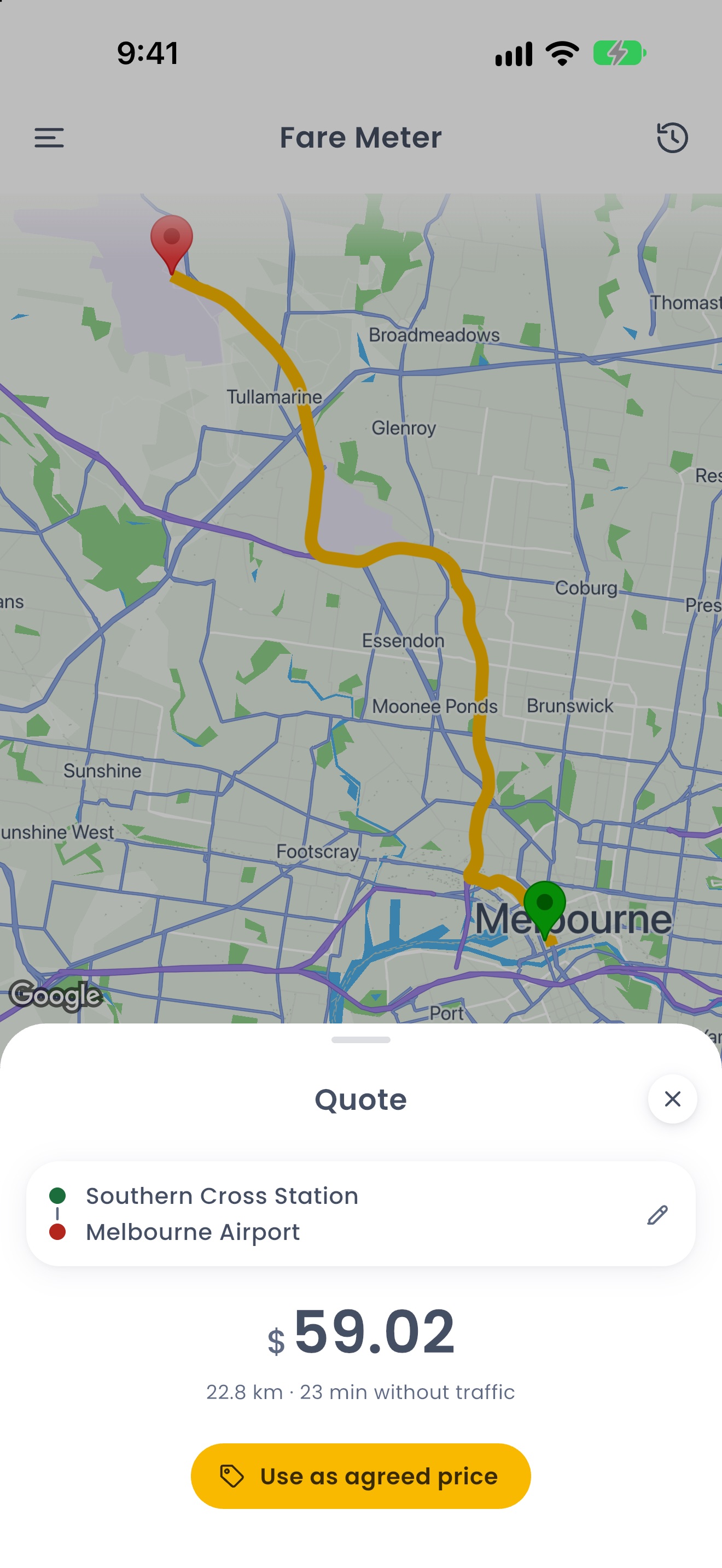 A fare quote in RyeDC: the route from Southern Cross Station to Melbourne Airport on the map, with the distance, the time and the fare