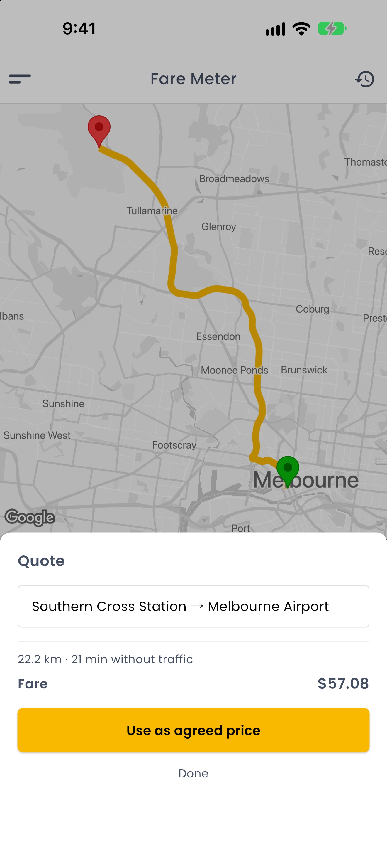 A fare quote in RyeDC: Southern Cross Station to Melbourne Airport, 22.2 km and 21 minutes without traffic, a fare of $57.08, and the route drawn on the map
