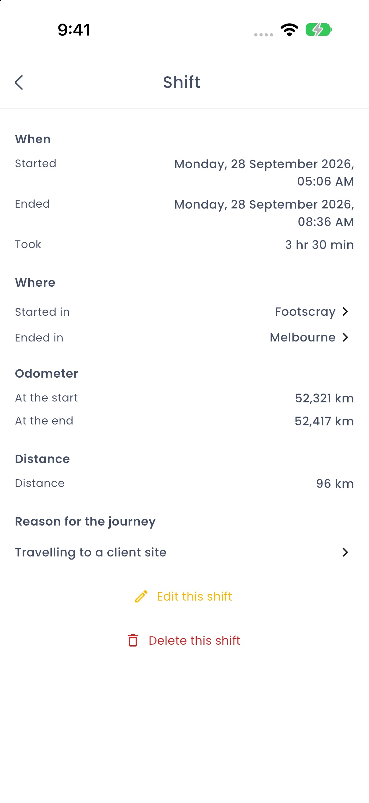 A shift in RyeDC: when and where it started and ended, the odometer at each end, the distance and the reason for the journey