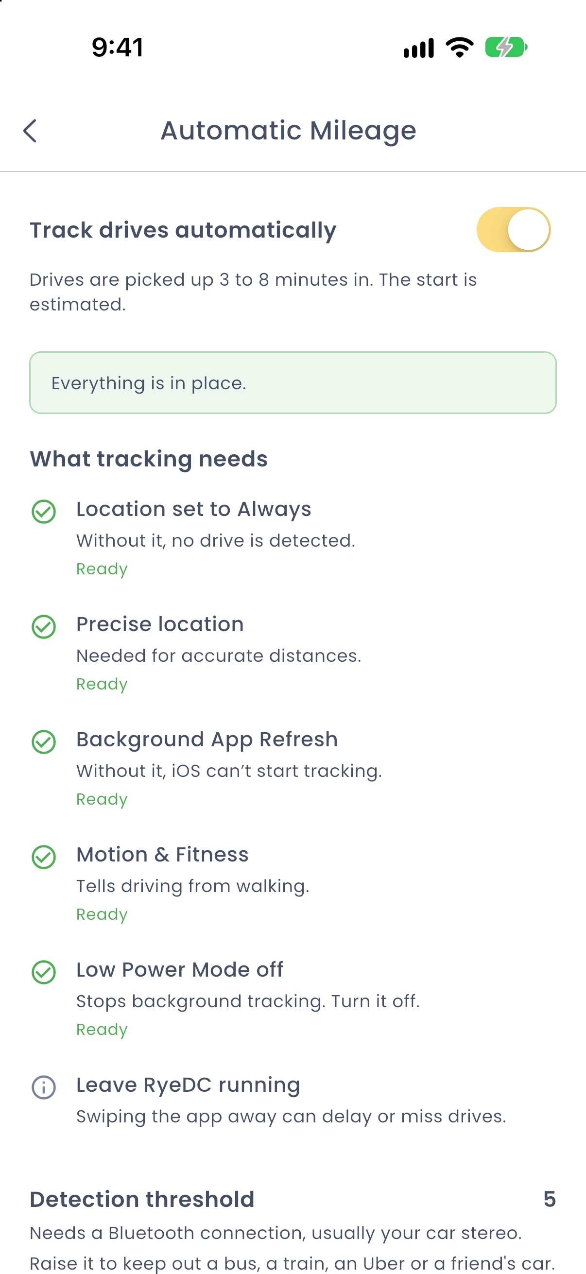 The Automatic Mileage screen in RyeDC, with the tracking toggle and the list of what tracking needs