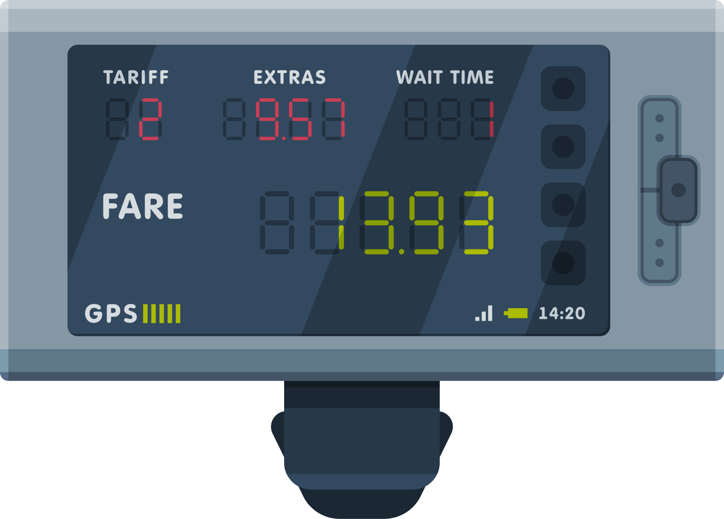 An illustration of a taxi meter showing the tariff, extras, waiting time and fare
